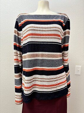 DKNY XL Ribbed Knit Striped Boat Neck Long Sleeve Top Navy Cream Coral